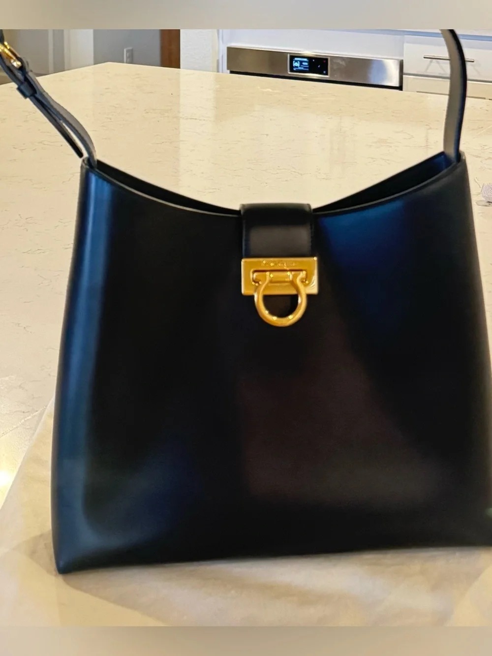 Salvador Ferragamo Black Leather Gancio Trifolio Large Shoulder Bag